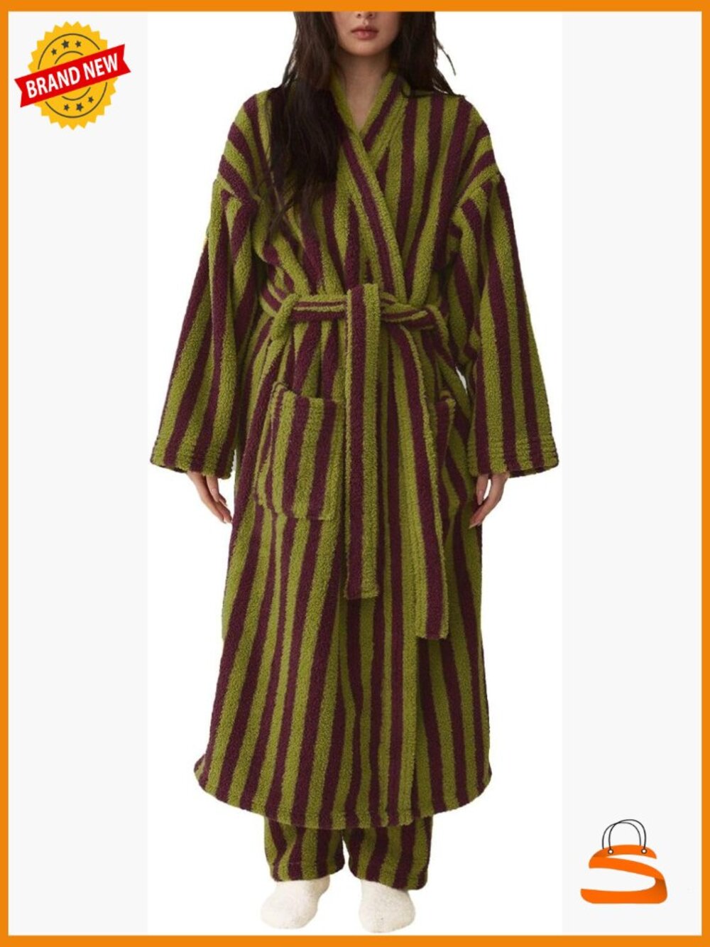 Fuzzy Fleece Long Robe Striped Plush Kimono Warm Thick Fluffy V Neck Loungewear